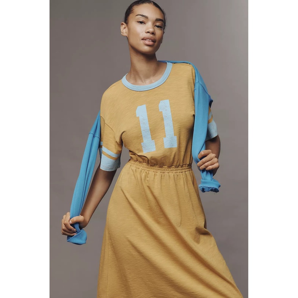 Sundry Rugby Slub Midi Dress Mustard Yellow Blue Varsity Graphic Retro Sport XS